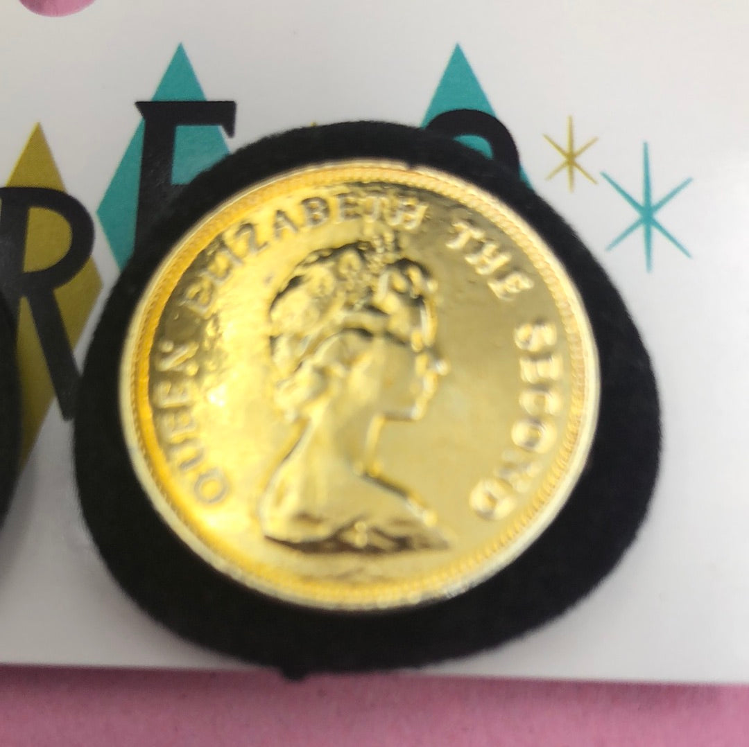 Black Velvet base with Gold Queen Elizabeth the II coin clip on earrings