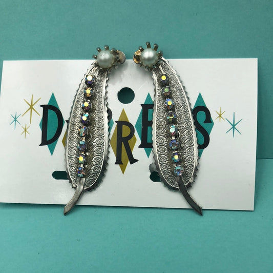 Silver leaf with pearl & rhinestone  clip on earrings