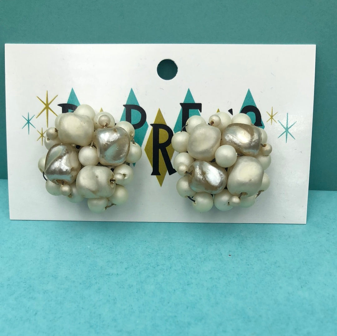White and Taupe bead cluster clip on earrings
