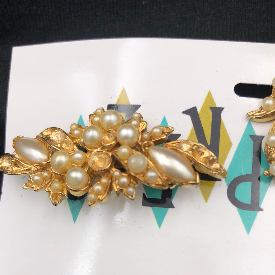 Gold and White Pearl Broach and Clip On Earrings