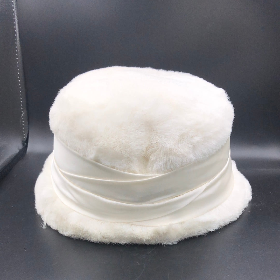 Ivory faux fur hat with Ivory satin headband and bow