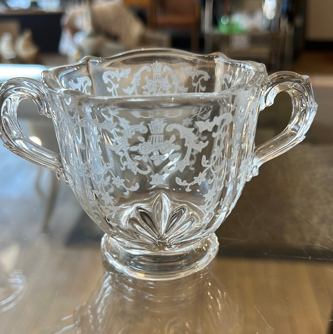 Etched glass sugar and creamer