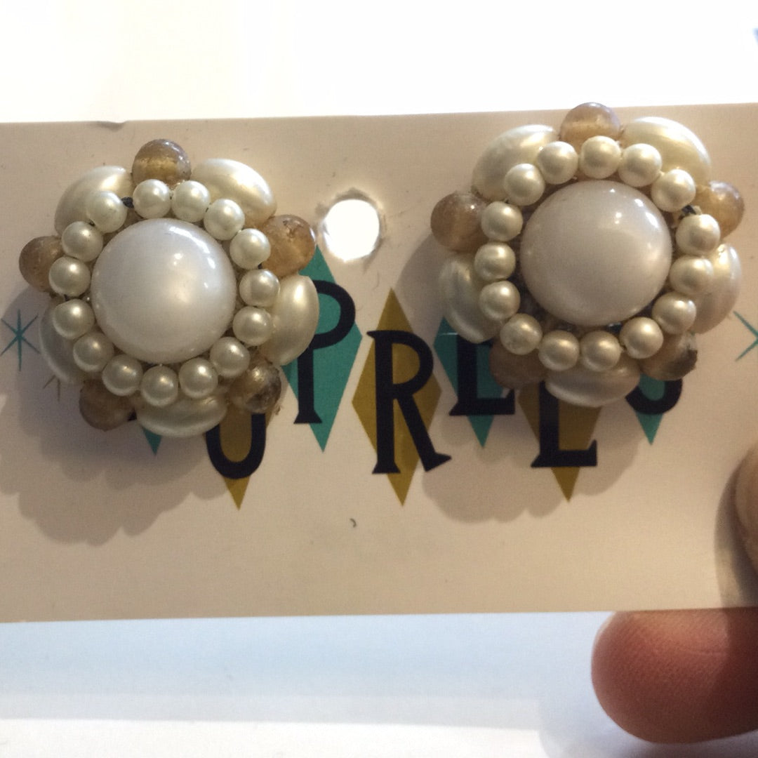 Beige and White Bead clip on earrings