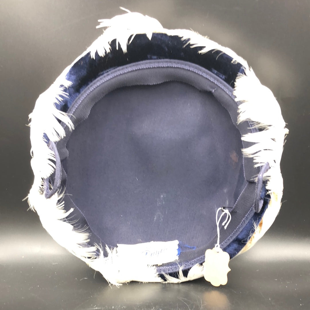 Blue velvet hat with White feather edge