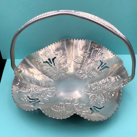 Silver embossed metal tray with handle
