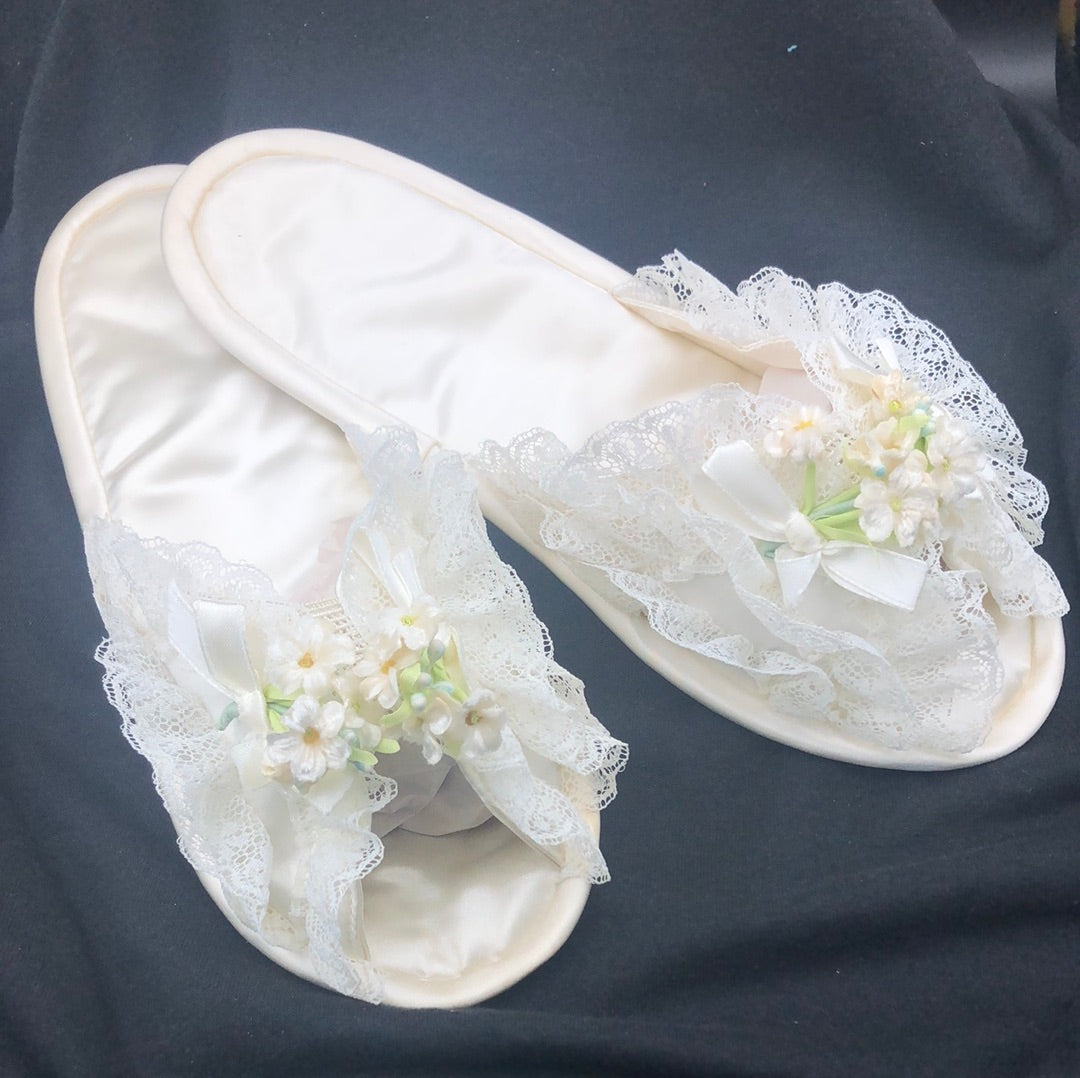 Ivory satin floral house slippers
