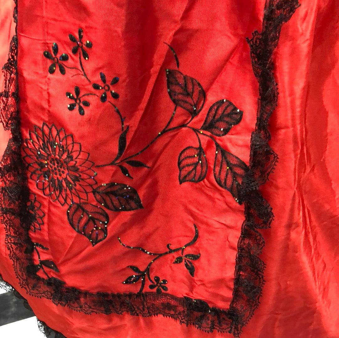 Red satin half apron with black lace edge