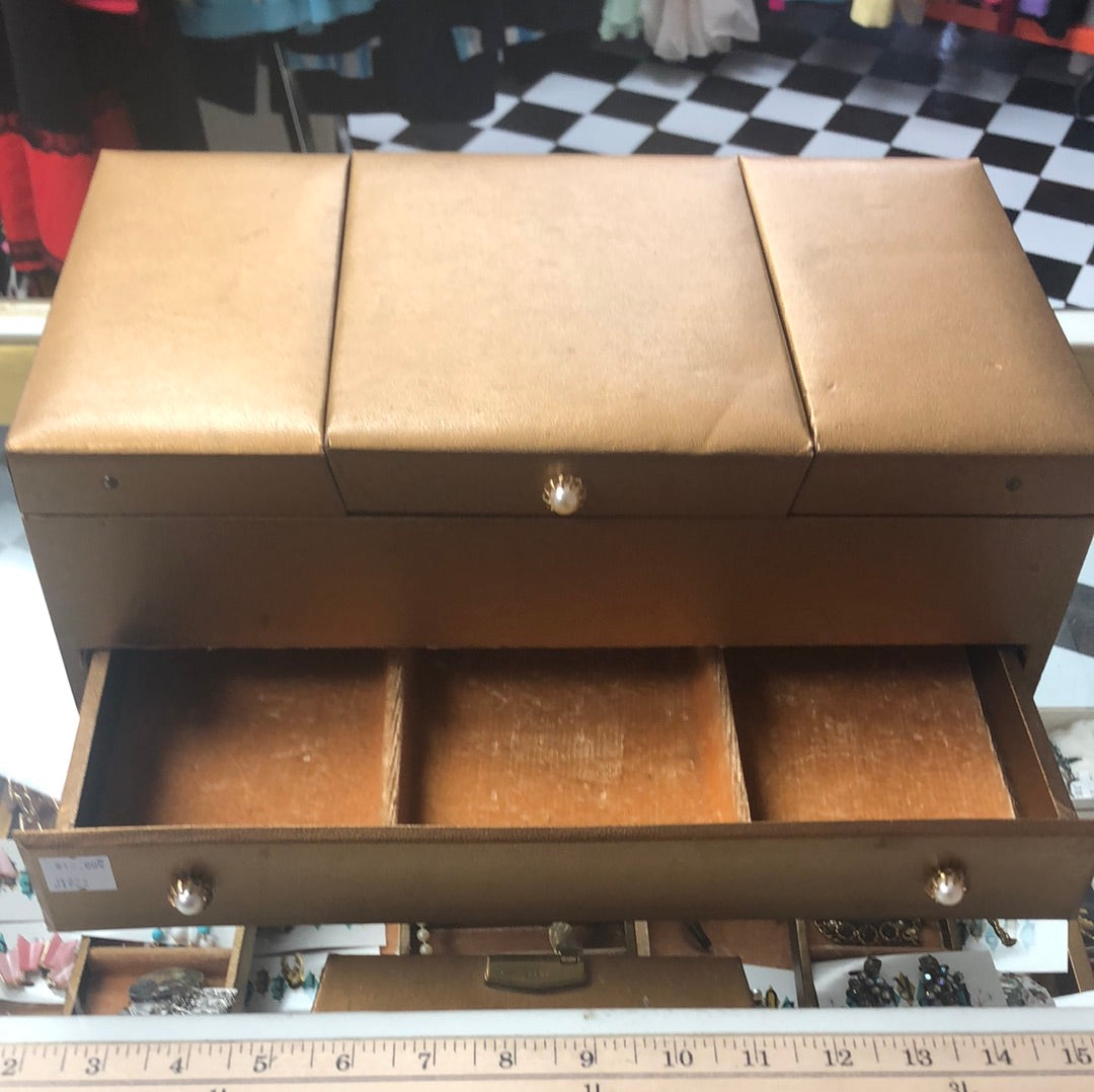 Gold Jewelry Box with pull out drawer and flip open top