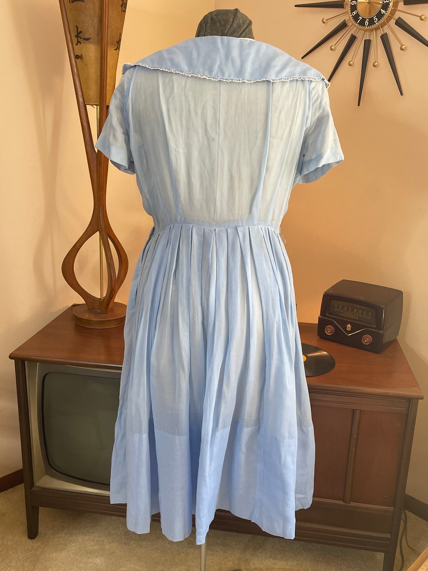 Blue Pleated Sheer Day Dress