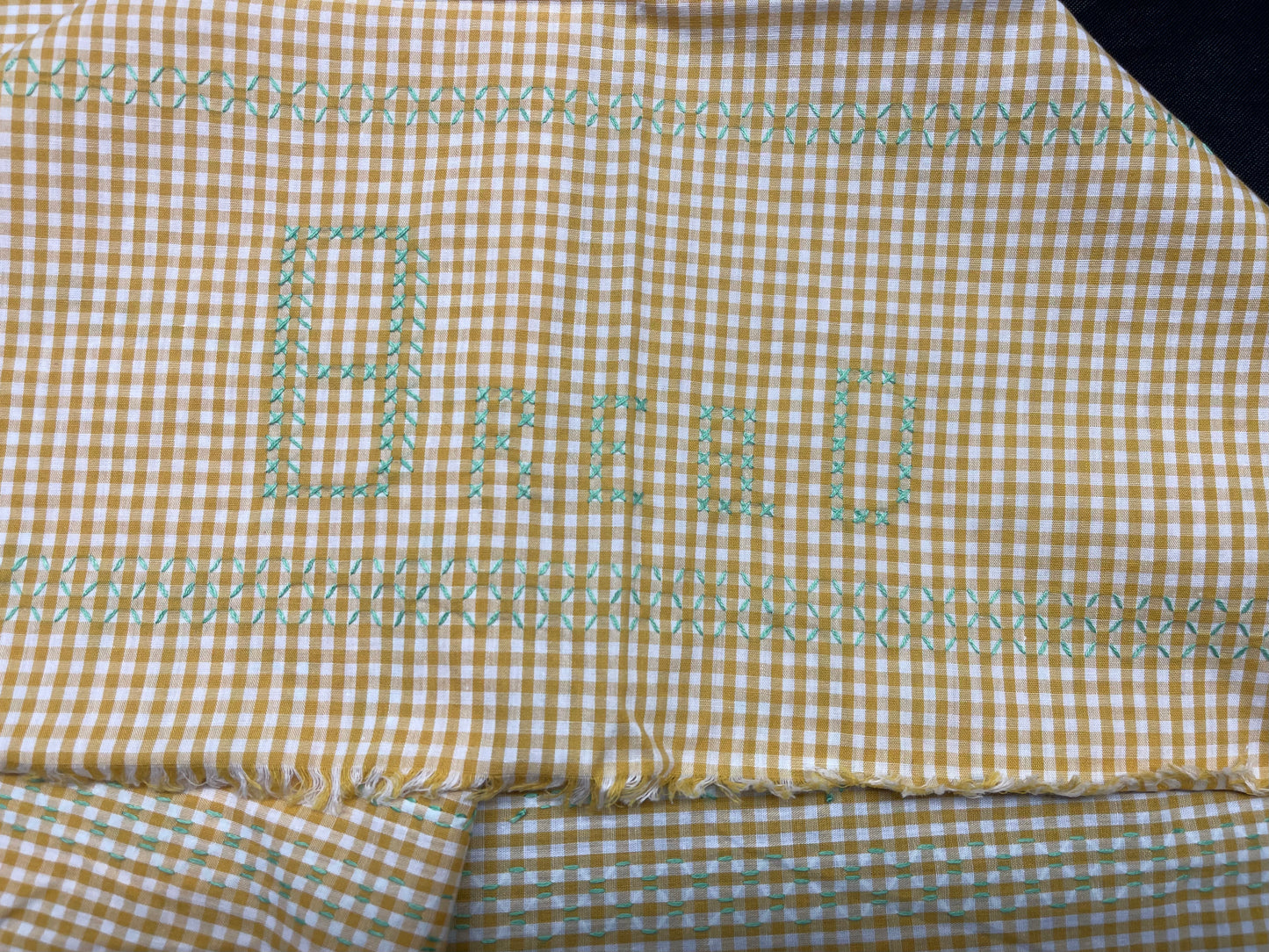 Yellow Gingham Tablecloth with Green Cross Stitch